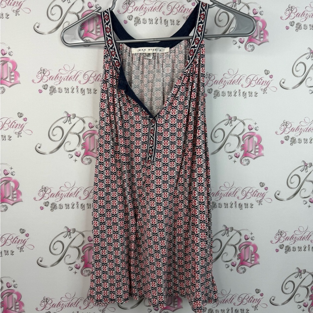 Max Studio tank top red and Black Patterned Blouse paisley geometric floral